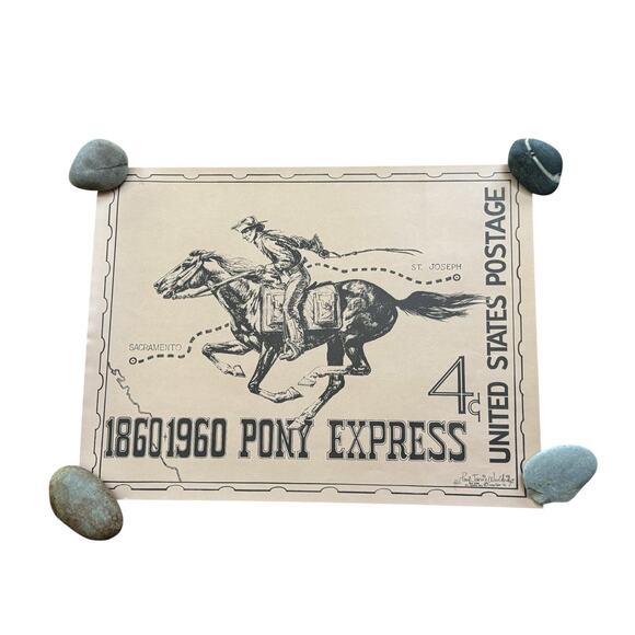 Pony Express Postage Stamp Poster 1860 - 1960 United States Postage 4 Cents READ - Picture 1 of 9